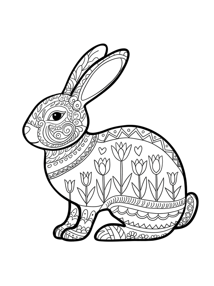 Coniglio di Pasqua stile folk - disegno da colorare A4