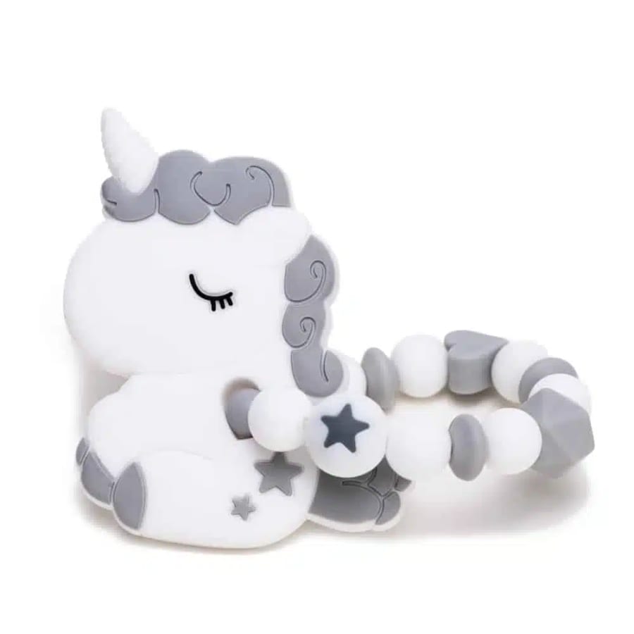 Gioco dentizione in silicone — Unicorno, grigio e bianco