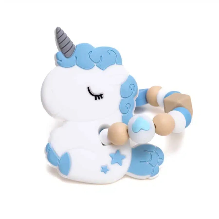 Gioco dentizione in silicone — Unicorno, azzurro e beige