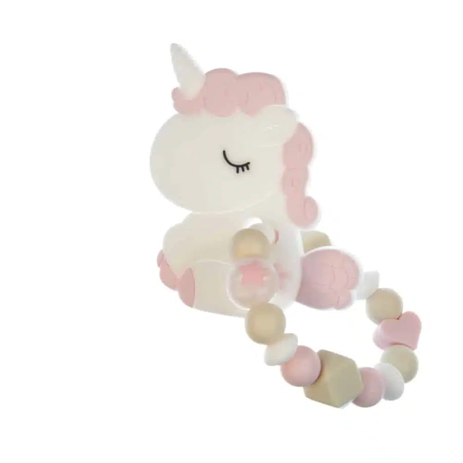 Gioco dentizione in silicone — Unicorno, rosa e bianco